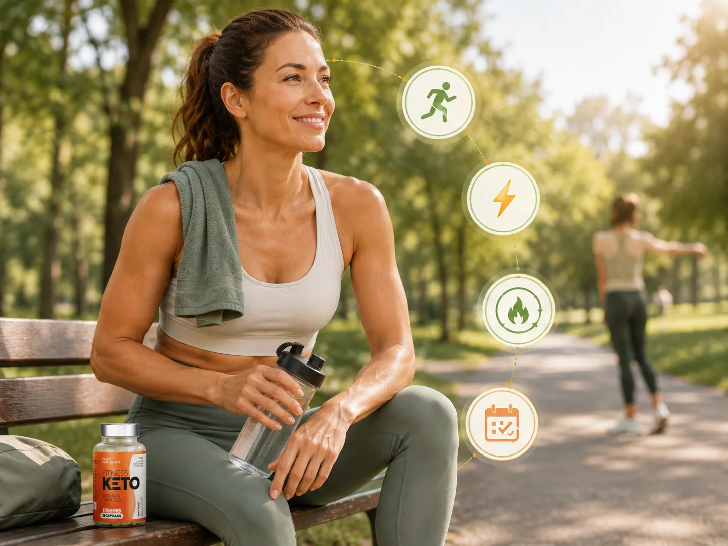Femme active dans un parc avec Fitness Keto, représentant l’énergie stable et une routine bien-être régulière
